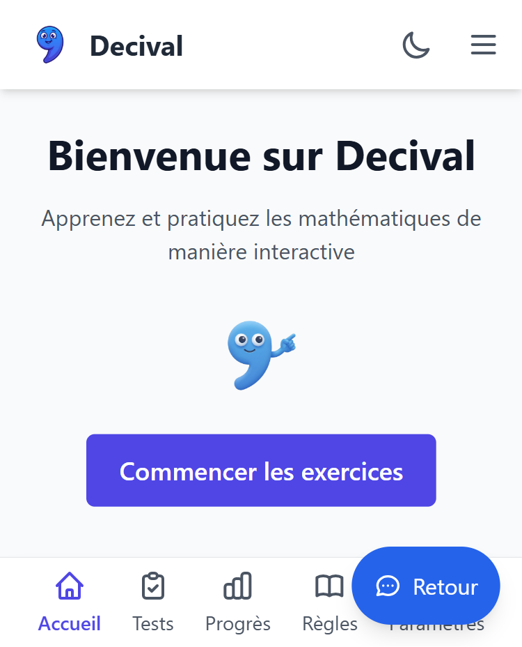 Logo et interface de l'application Decival Mobile pour l'apprentissage des décimaux